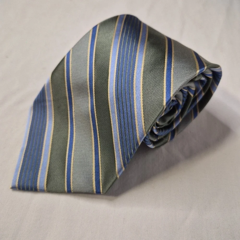 Rooster Mens Tie Green Blue Gold‎ Diagonal Stripe Silk Necktie Executive Office